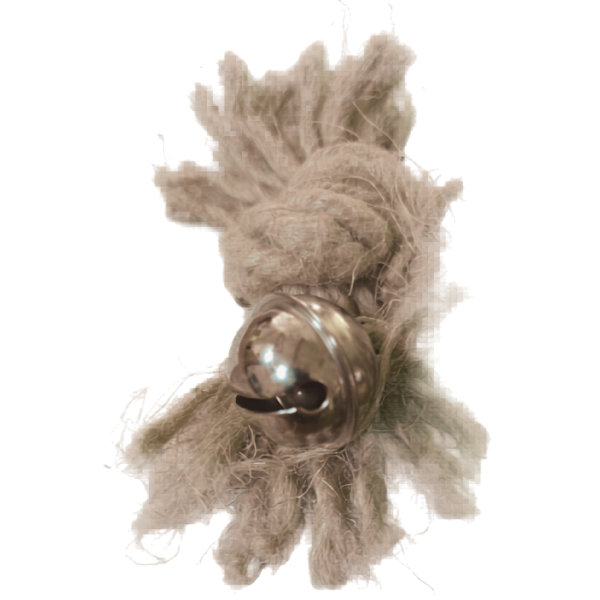 Jouet corde « Corde Un Nœud Clochette » SON pet avec clochette argentée, nœud en corde beige et franges visibles.