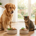 Un golden retriever et un chat tigré devant leurs gamelles remplies de nourriture saine dans une cuisine lumineuse.
