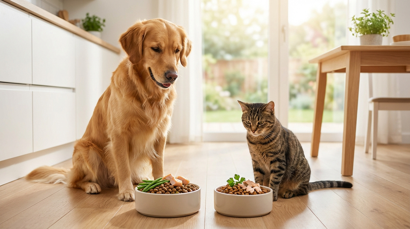 Un golden retriever et un chat tigré devant leurs gamelles remplies de nourriture saine dans une cuisine lumineuse.