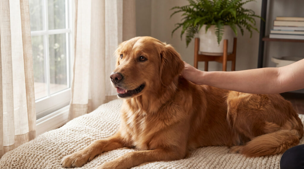 Un Golden Retriever roux est caressé par une main humaine, allongé confortablement sur un tapis près d'une fenêtre et d'une plante.