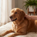 Un Golden Retriever roux est caressé par une main humaine, allongé confortablement sur un tapis près d'une fenêtre et d'une plante.