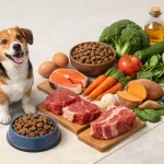Image 3D isométrique : chien heureux, gamelle remplie d'ingrédients variés pour une alimentation d'un chien saine et équilibr