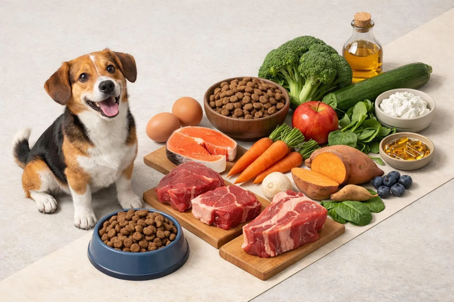 Image 3D isométrique : chien heureux, gamelle remplie d'ingrédients variés pour une alimentation d'un chien saine et équilibr