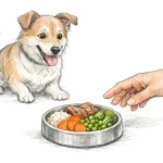 Meilleure alimentation pour chien : un croquis amical d'un chien joyeux avec un bol de nourriture équilibrée.