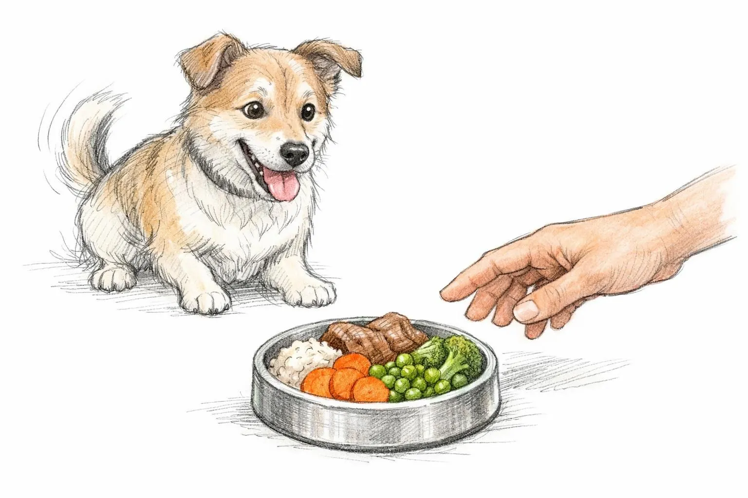 Meilleure alimentation pour chien : un croquis amical d'un chien joyeux avec un bol de nourriture équilibrée.