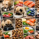 Collage de photos authentiques de diverses marques d'alimentation pour chien, avec kibbles, chiens heureux et ingrédients sai