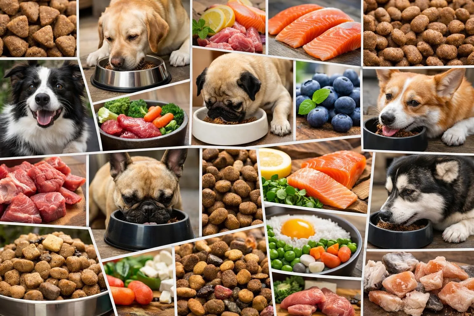 Collage de photos authentiques de diverses marques d'alimentation pour chien, avec kibbles, chiens heureux et ingrédients sai