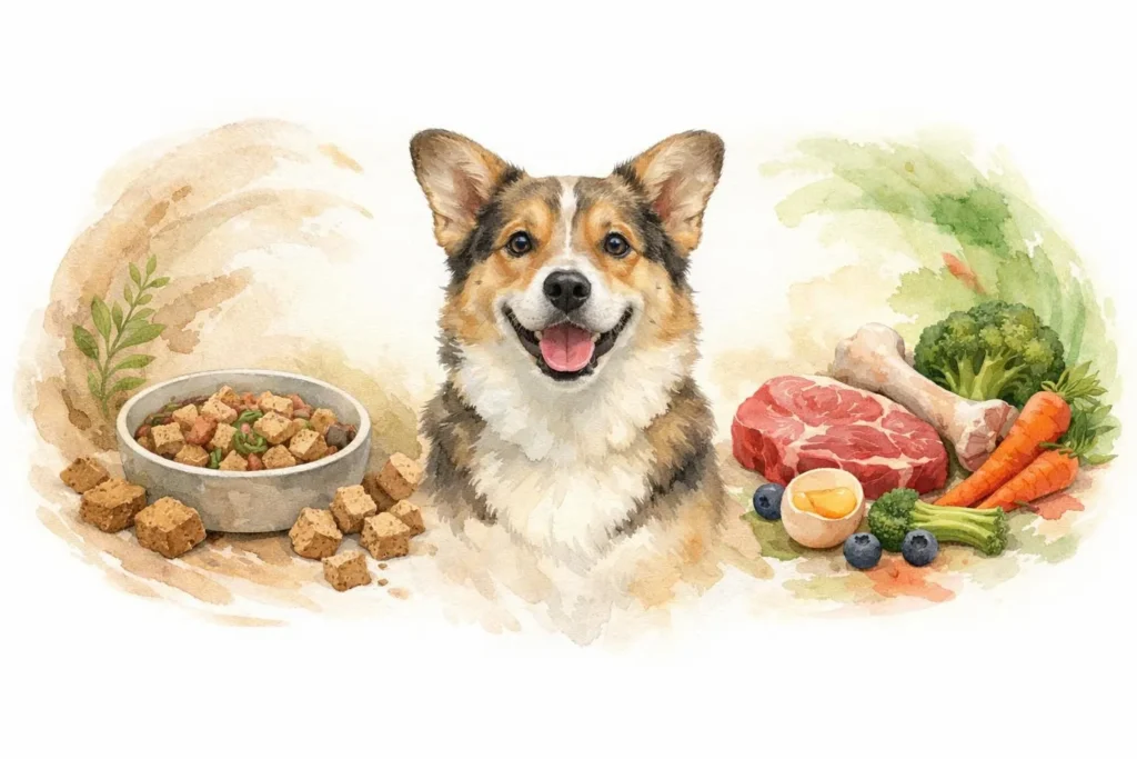 Avantages nourriture déshydratée vs barf: illustration aquarelle d'un chien entre deux bols, symbolisant une alimentation sai