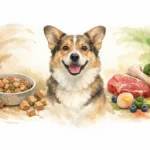 Avantages nourriture déshydratée vs barf: illustration aquarelle d'un chien entre deux bols, symbolisant une alimentation sai