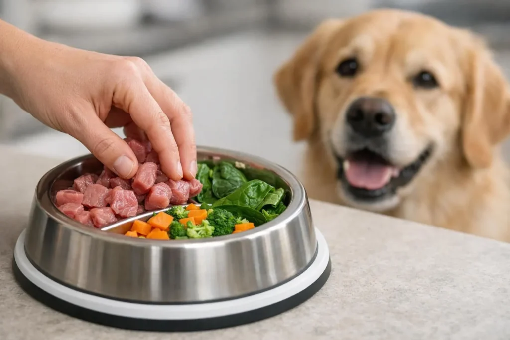 Main préparant un repas équilibré d'alimentation naturelle chien avec des ingrédients frais pour transformer sa santé.