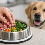 Main préparant un repas équilibré d'alimentation naturelle chien avec des ingrédients frais pour transformer sa santé.