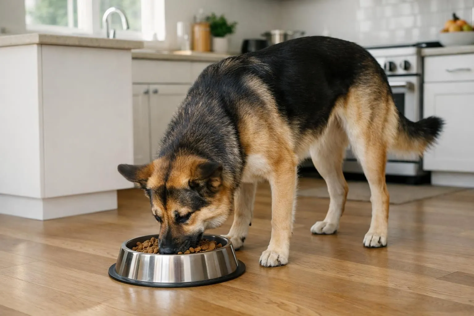 Chien de taille moyenne en excellente condition physique mangeant des croquettes premium dans une gamelle en acier inoxydable, cuisine moderne avec lumière naturelle entrant par une fenêtre, pelage brillant et attitude énergique