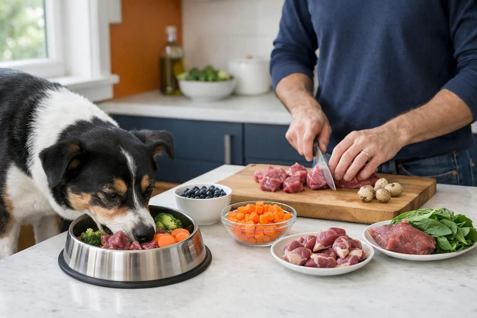 Healthy dog eating fresh raw meat and vegetables from stainless steel bowl in bright modern kitchen, owner preparing premium natural food ingredients on wooden cutting board, natural daylight streaming through window