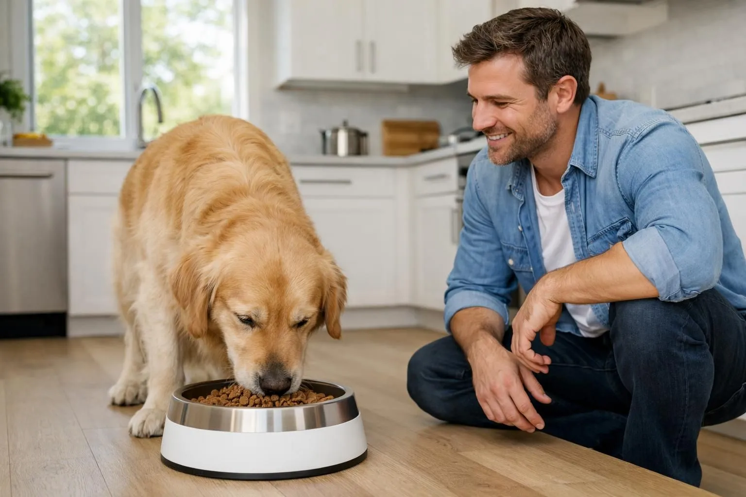 Chien golden retriever en excellente forme physique mangeant dans un bol en céramique moderne contenant des croquettes premium, propriétaire souriant accroupi à côté dans une cuisine contemporaine lumineuse avec fenêtre ensoleillée, ambiance chaleureuse et soignée