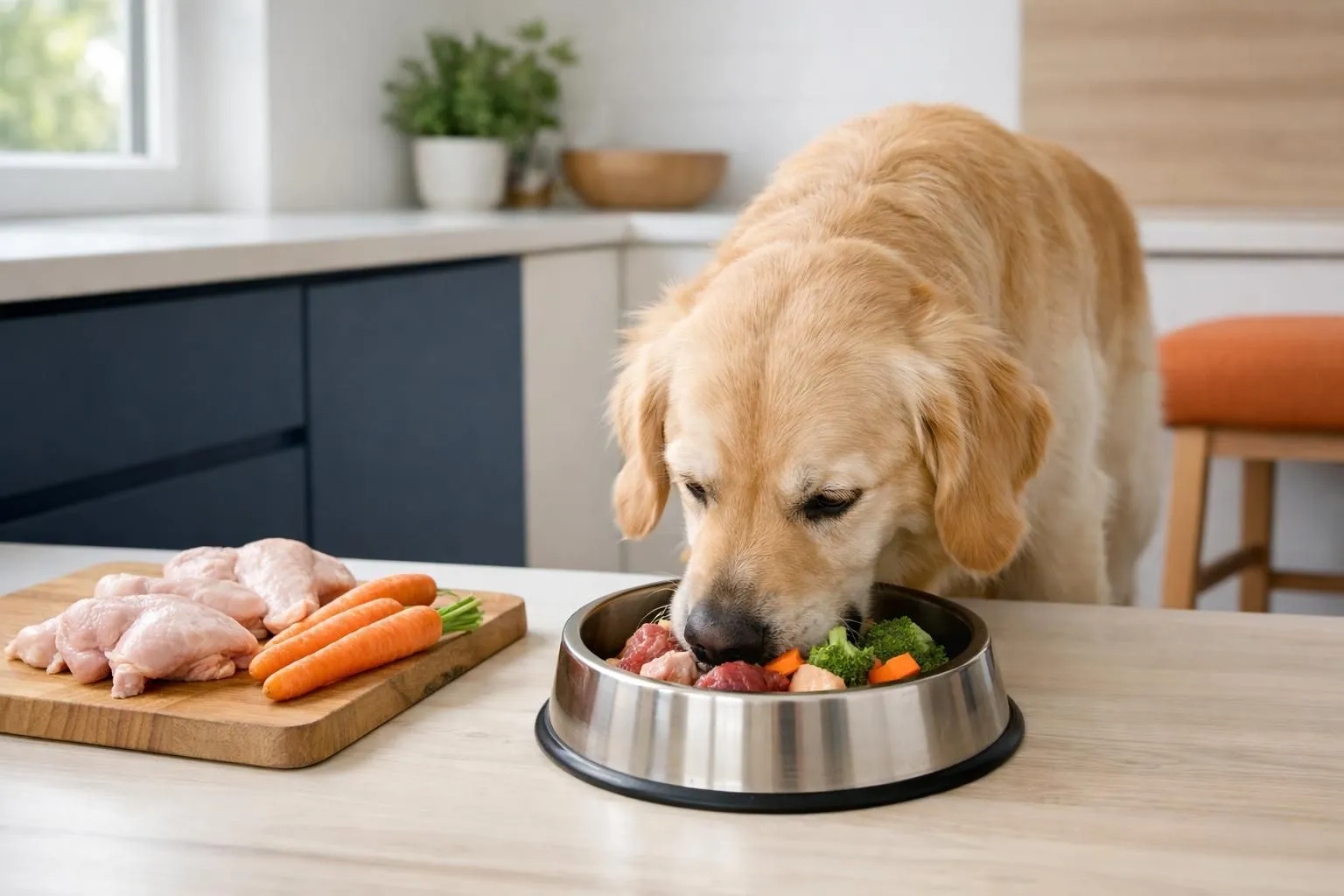 Golden retriever eating fresh raw meat and vegetables from stainless steel bowl in bright modern kitchen, whole chicken pieces and carrots visible on wooden cutting board nearby, natural daylight streaming through window