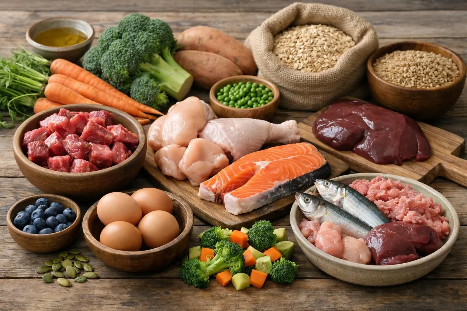 Assortiment d'ingrédients naturels pour chiens disposés sur une table rustique en bois: morceaux de viande rouge et blanche, filets de poisson, légumes colorés comme carottes et épinards, grains de céréales complètes, dans une lumière douce et naturelle évoquant une cuisine artisanale