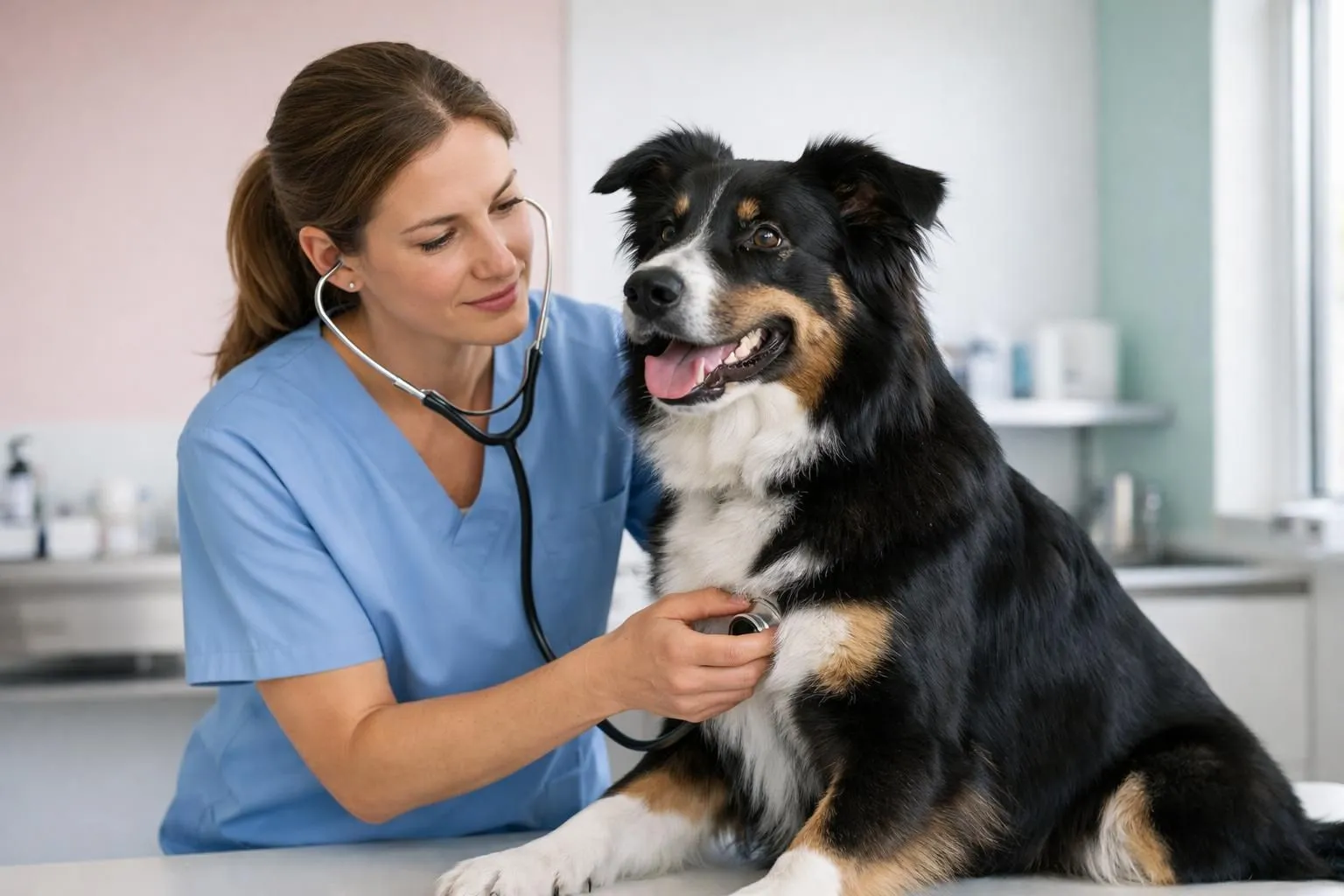 Veterinarian examining a healthy dog with glossy coat in modern clinic, dog showing vitality and wellbeing, natural light, professional setting focused on canine health assessment