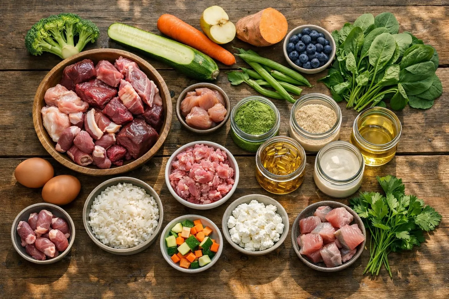 Fresh raw dog food ingredients on rustic wooden table - raw meat, vegetables, herbs, supplements in glass jars, natural sunlight, premium quality preparation scene