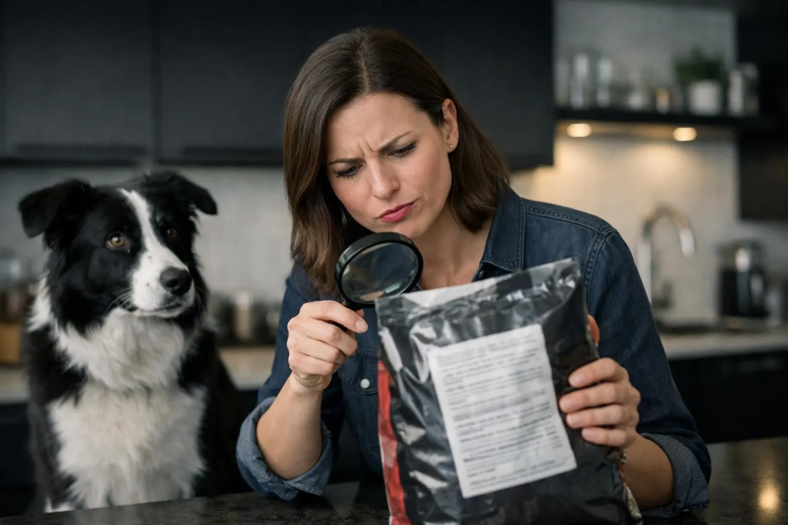 Pet owner examining dog food bag with magnifying glass in bright kitchen, skeptical expression, ingredient label visible but unreadable, realistic consumer investigation scene, no text or words visible