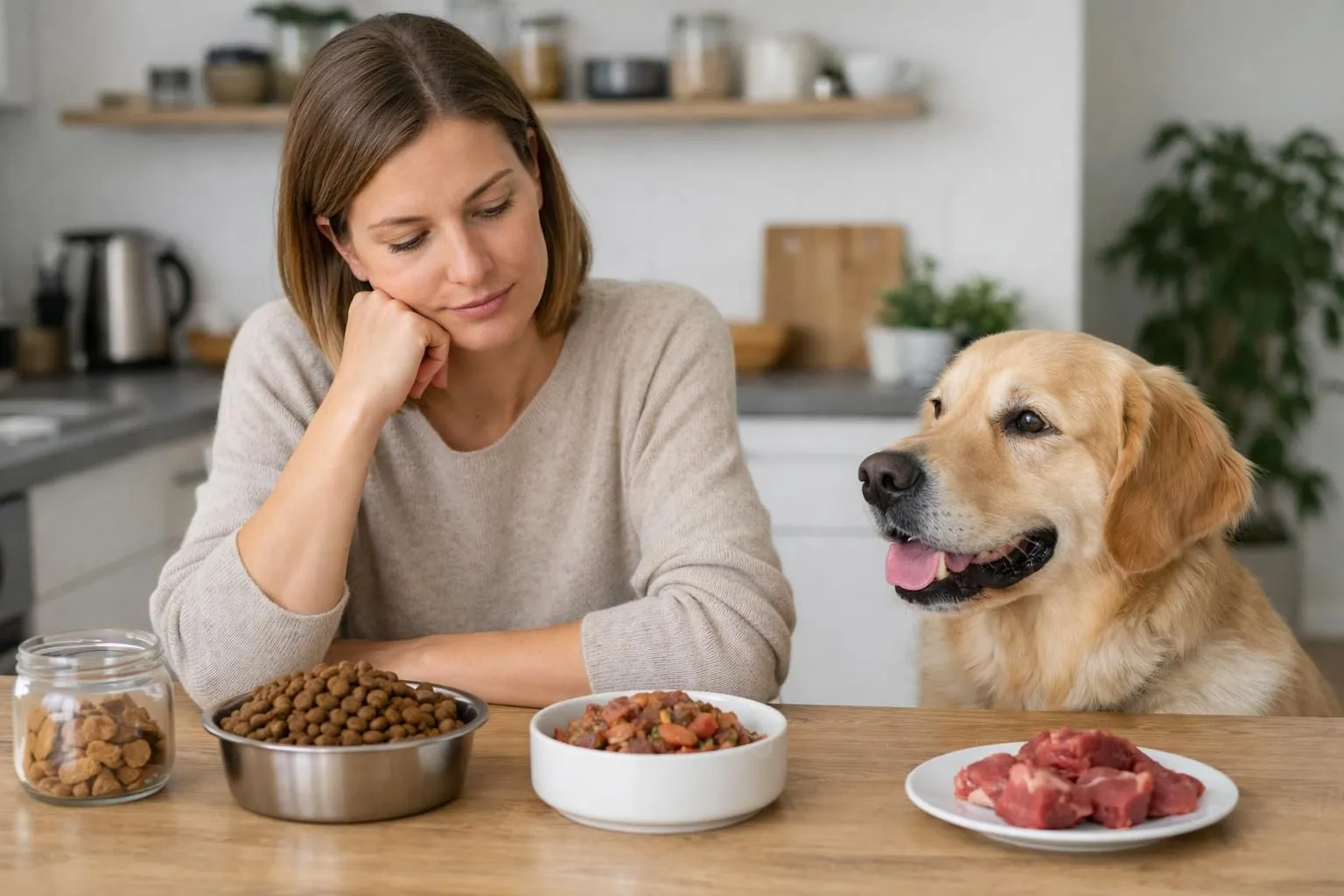 Propriétaire urbain actif dans sa cuisine moderne tenant des croquettes déshydratées d