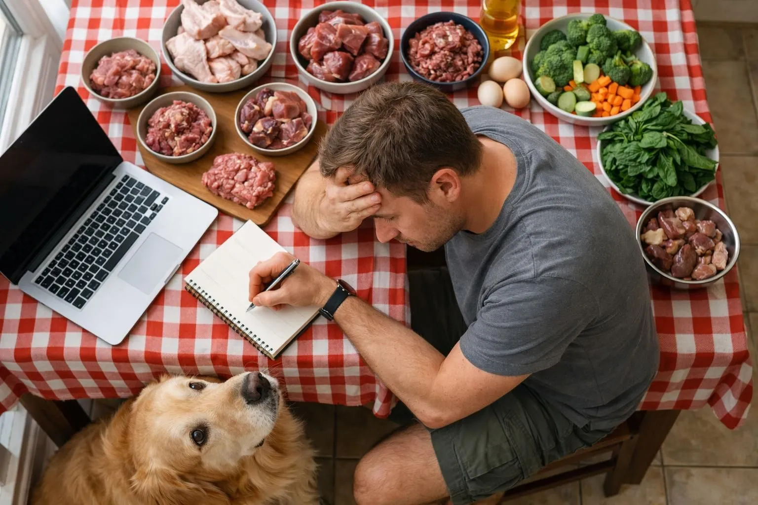Worried dog owner sitting at kitchen table with laptop open, surrounded by raw meat ingredients and vegetables, taking notes with concerned expression while golden retriever watches attentively from floor, natural daylight from window, realistic documentary style showing common nutrition mistakes scenario