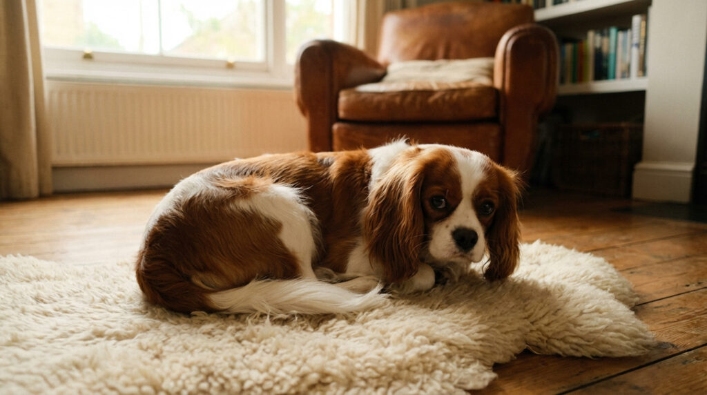 Cavalier King Charles roux et blanc, allongé sur un tapis crème dans un salon, avec fauteuil et fenêtre en arrière-plan.
