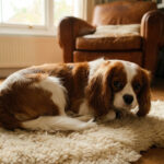 Cavalier King Charles roux et blanc, allongé sur un tapis crème dans un salon, avec fauteuil et fenêtre en arrière-plan.