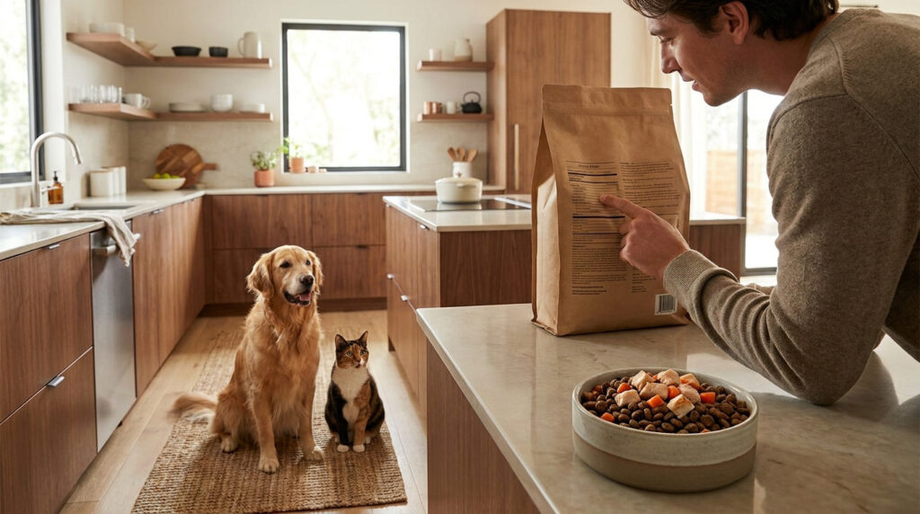 Un homme lit l'étiquette nutritionnelle d'un sac de croquettes, un chien golden retriever et un chat calico attendent. Un bol de nourriture est prêt.