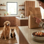 Un homme lit l'étiquette nutritionnelle d'un sac de croquettes, un chien golden retriever et un chat calico attendent. Un bol de nourriture est prêt.