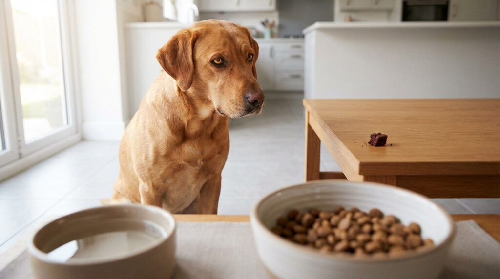 Un Labrador roux regarde attentivement un morceau de chocolat sur une table. Gamelles d'eau et de croquettes au premier plan.