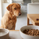 Un Labrador roux regarde attentivement un morceau de chocolat sur une table. Gamelles d'eau et de croquettes au premier plan.