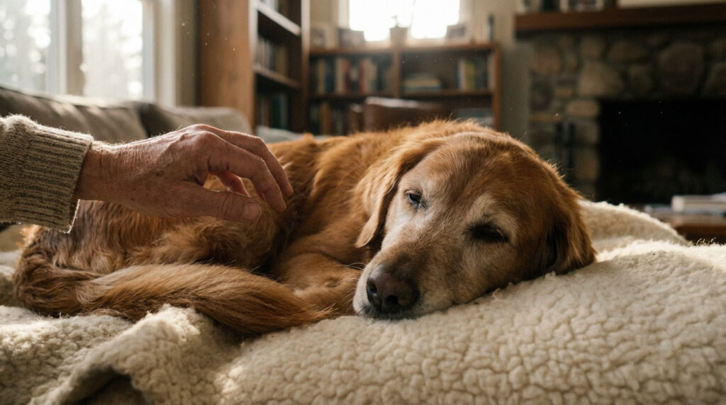 Un Golden Retriever âgé et serein, couché sur une couverture douillette, est caressé par une main attentionnée, signe de réconfort.