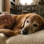 Un Golden Retriever âgé et serein, couché sur une couverture douillette, est caressé par une main attentionnée, signe de réconfort.