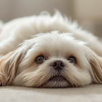 Chien blanc au pelage long et soyeux, oreilles pendantes et regard doux, allongé sur le sol dans un cadre intérieur clair.