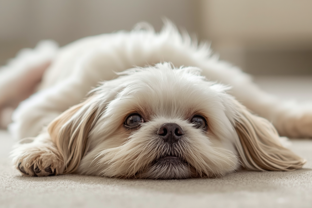Chien blanc au pelage long et soyeux, oreilles pendantes et regard doux, allongé sur le sol dans un cadre intérieur clair.