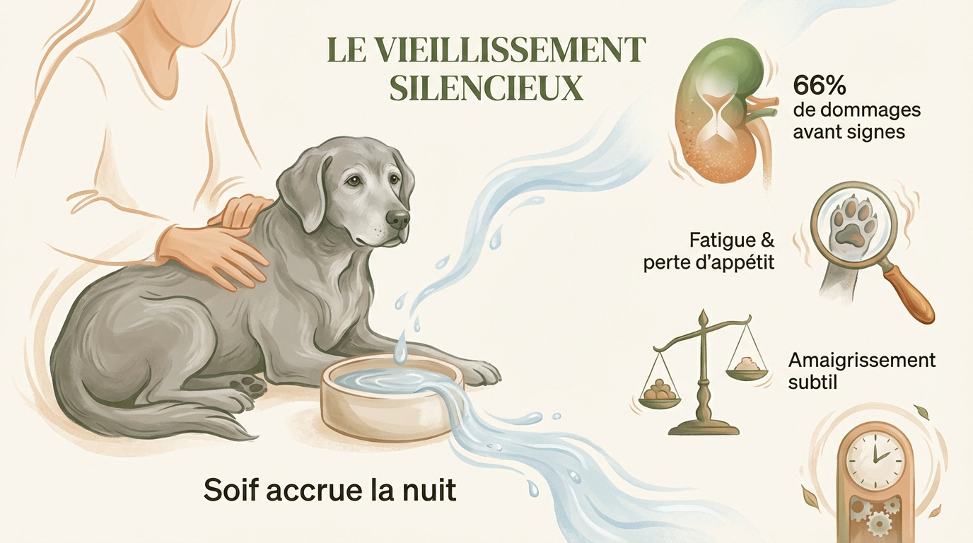 Chien âgé montrant des signes de fatigue liés à l'insuffisance rénale