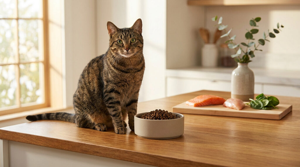 Un chat tigré assis sur un comptoir en bois à côté d'un bol de croquettes et d'ingrédients frais.