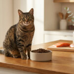 Un chat tigré assis sur un comptoir en bois à côté d'un bol de croquettes et d'ingrédients frais.