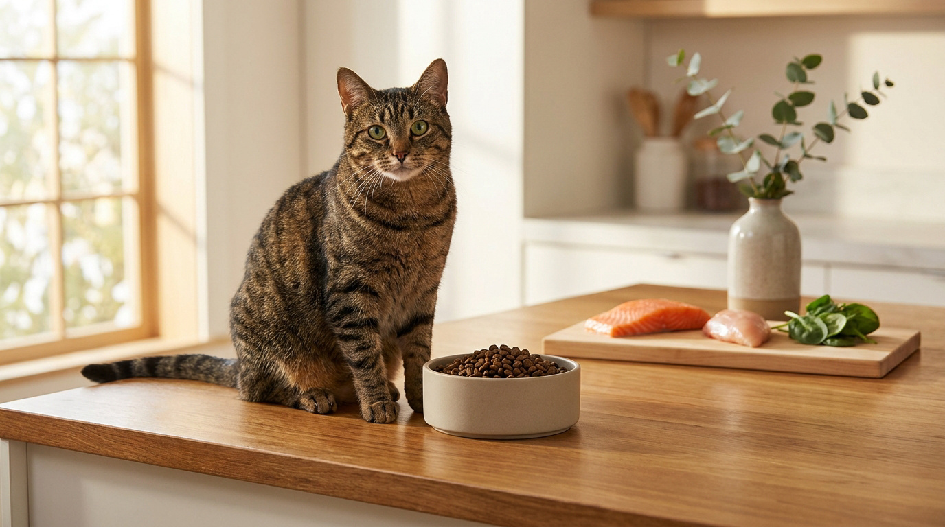 Un chat tigré assis sur un comptoir en bois à côté d'un bol de croquettes et d'ingrédients frais.