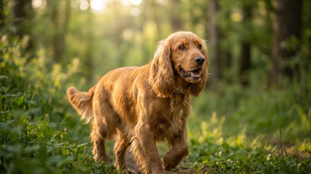 Un Cocker Spaniel Anglais au pelage doré marchant dans une forêt verdoyante baignée par la lumière du soleil.