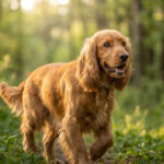 Un Cocker Spaniel Anglais au pelage doré marchant dans une forêt verdoyante baignée par la lumière du soleil.