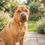 Shar Pei de couleur fauve assis sur un chemin pavé dans un jardin ensoleillé, regardant la caméra. Ses rides distinctives sont visibles.
