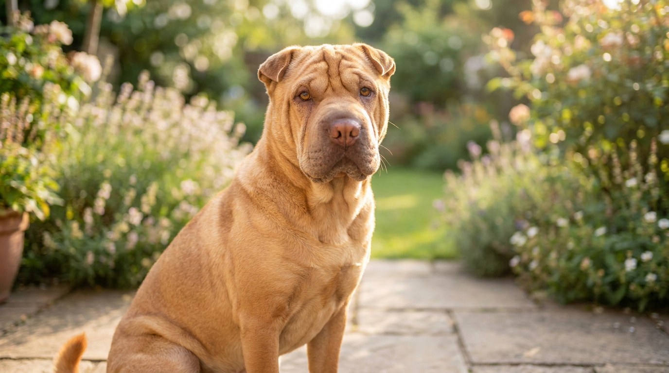 Shar Pei de couleur fauve assis sur un chemin pavé dans un jardin ensoleillé, regardant la caméra. Ses rides distinctives sont visibles.