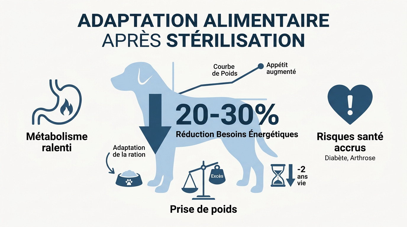 Chien stérilisé devant sa gamelle de croquettes adaptées