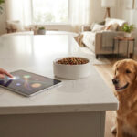 Une main utilise une tablette sur un comptoir à côté d'une gamelle de croquettes devant un chien Golden Retriever.
