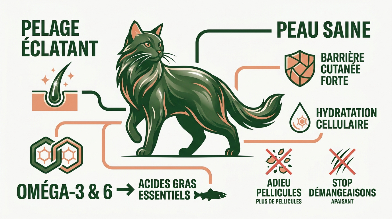 Chat au pelage brillant après consommation de saumon