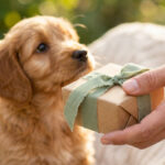 Une main tend un petit paquet cadeau avec un ruban vert à un chiot golden retriever aux poils dorés.