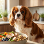 Un chien Cavalier King Charles regarde attentivement un bol de nourriture saine composé de poulet, légumes et quinoa.