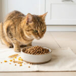 Un chat tigré observe attentivement son bol de croquettes posé sur un tapis, entouré de quelques grains de maïs et de blé.