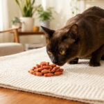 Un chat brun mange des friandises en forme de poisson sur une table dans un salon chaleureux.